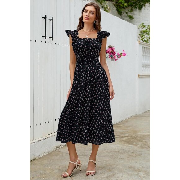 Women's Flowy Maxi Dress Summer Ruffle Square Neck Smocked Waist Beach - Picture 5 of 6